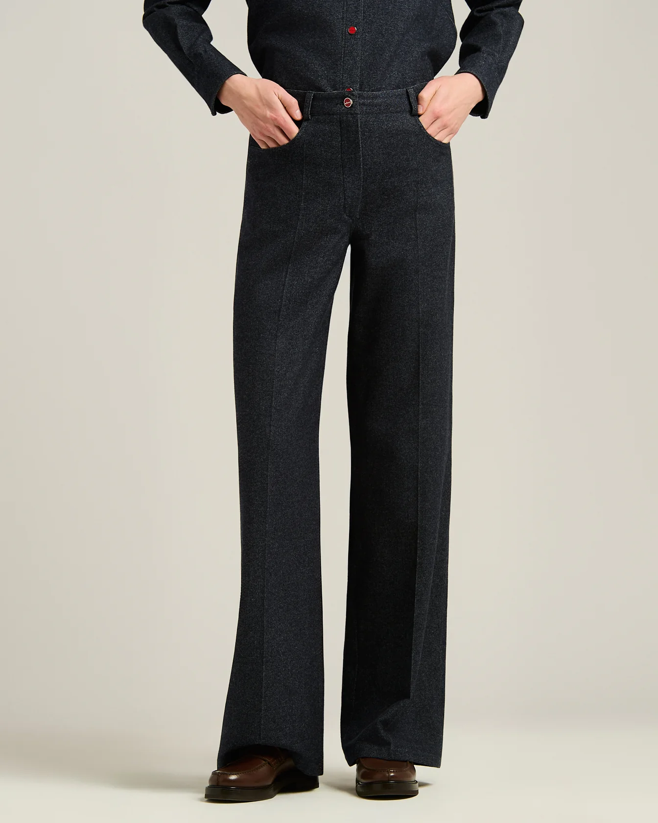 PALAZZO TROUSERS IN CASHMERE AND COTTON NAVY WITH TEXTURE - Image 2