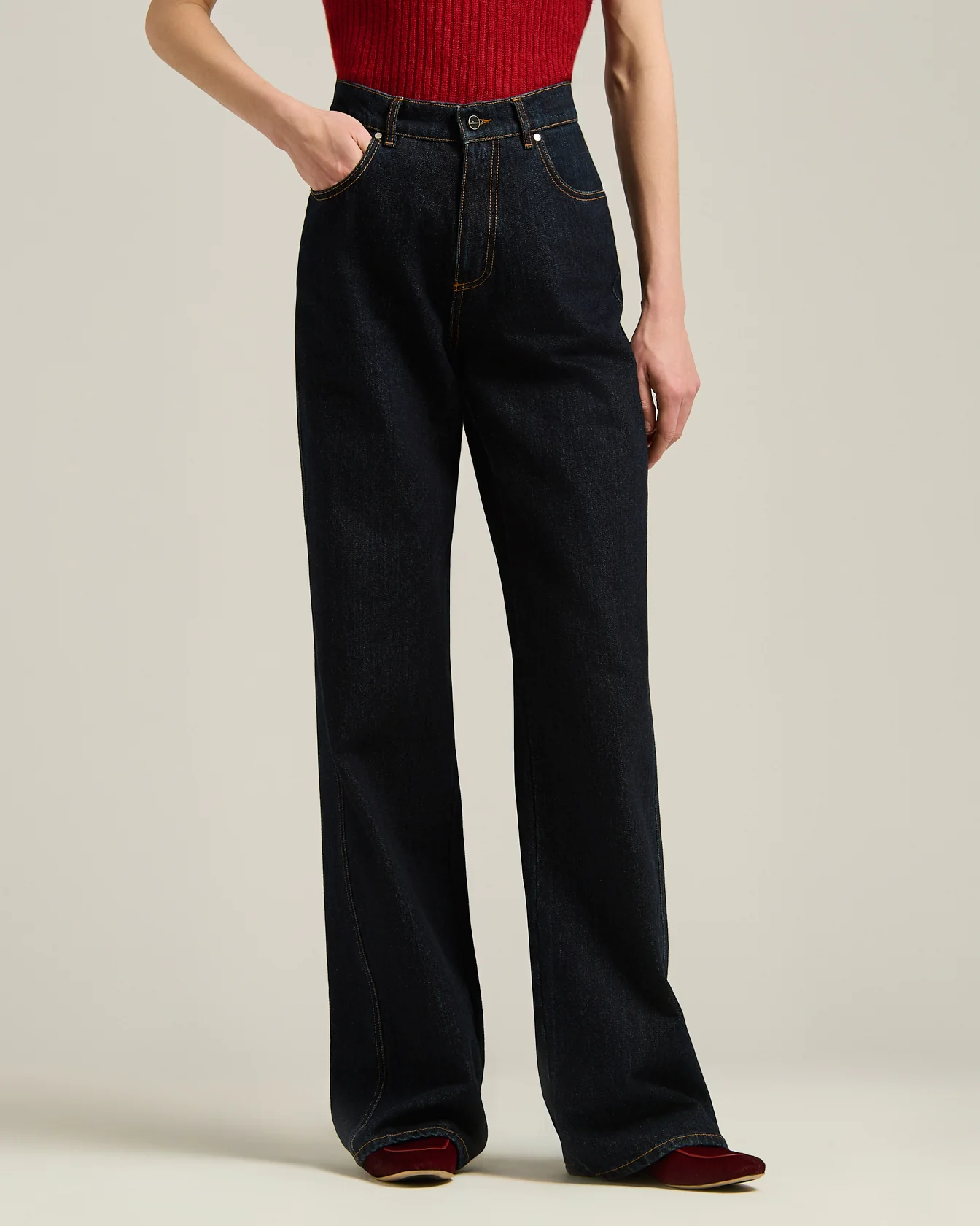 HIGH-WAIST PALAZZO JEANS IN PURE COTTON DARK BLUE - Image 2