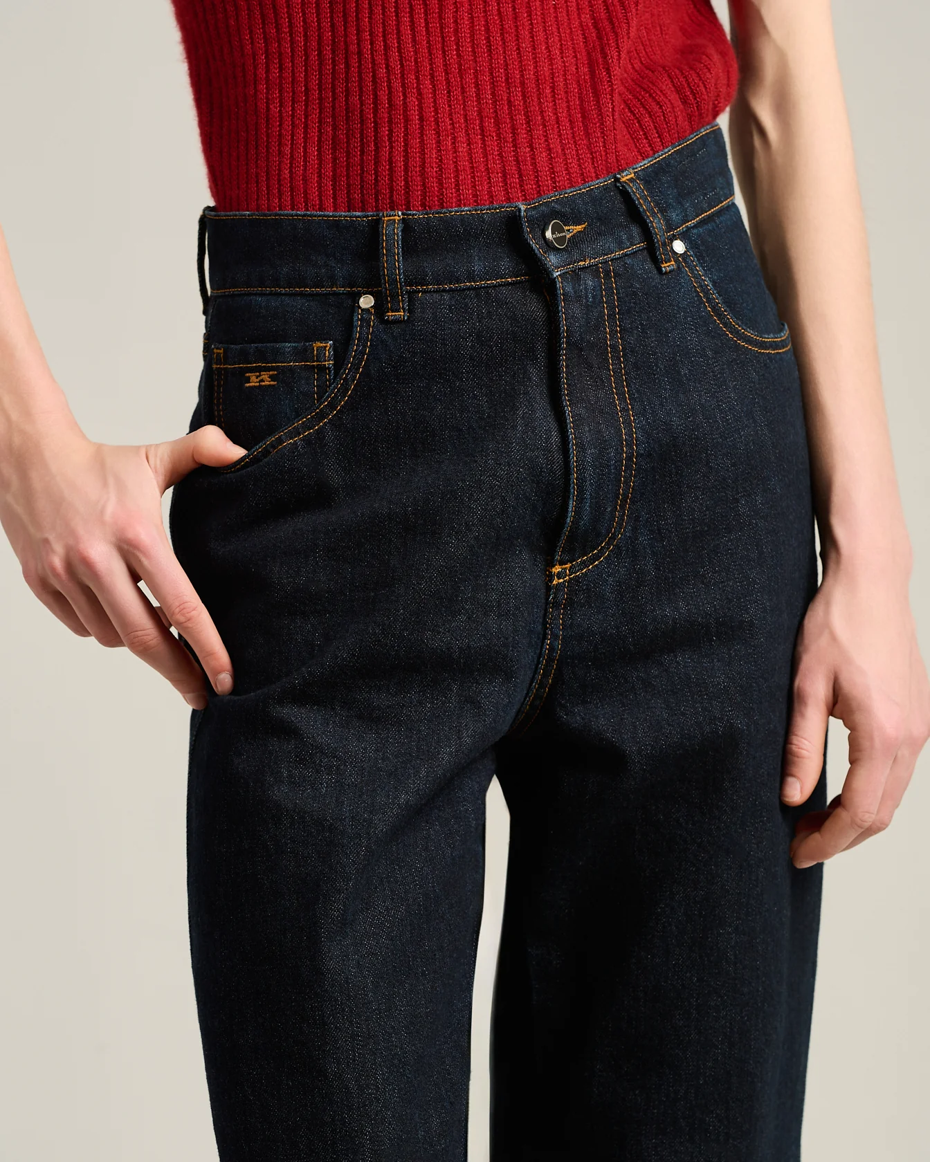 HIGH-WAIST PALAZZO JEANS IN PURE COTTON DARK BLUE - Image 5