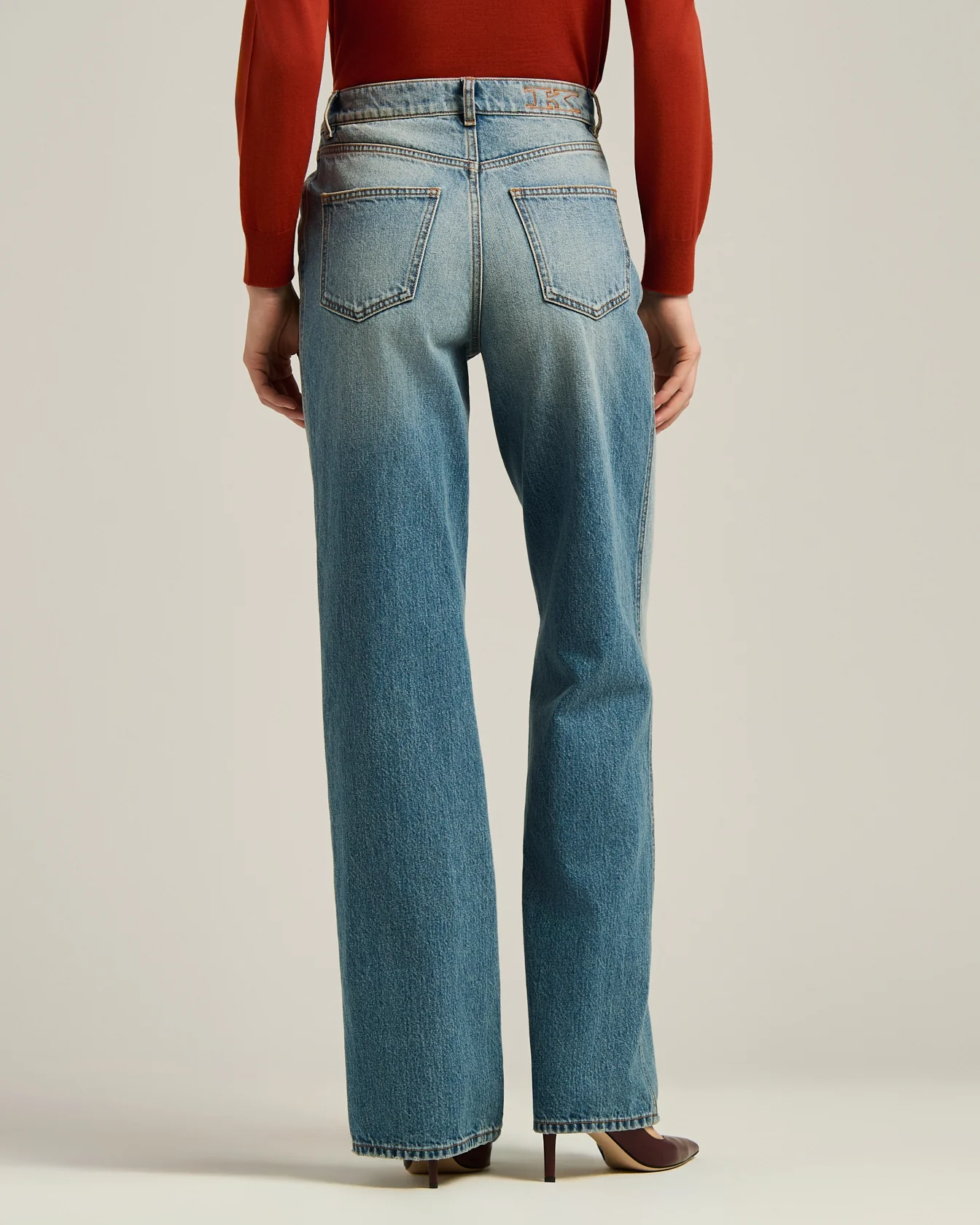 WIDE LEG PALAZZO JEANS WASHED EFFECT IN PURE COTTON LIGHT BLUE - Image 3