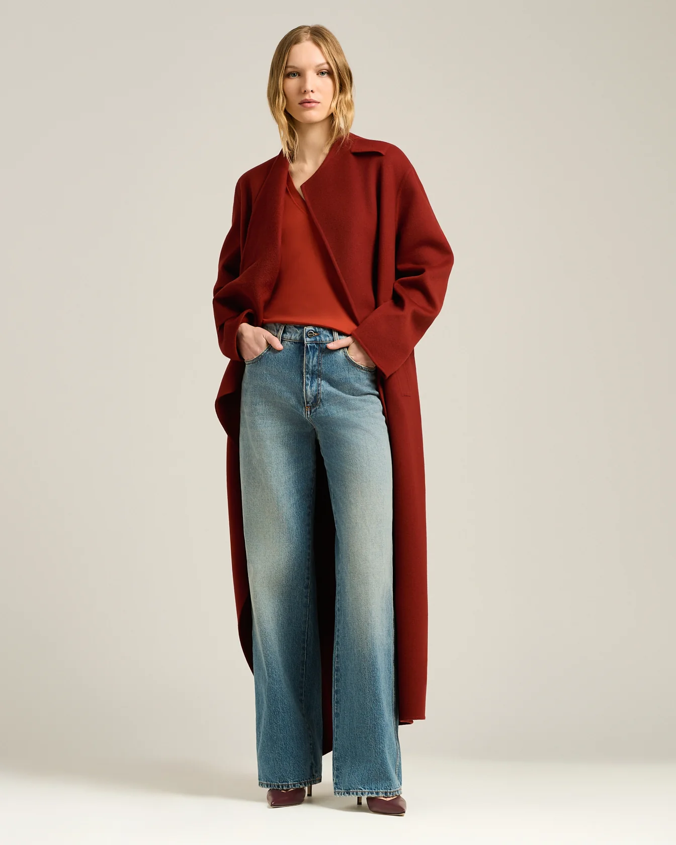 WIDE LEG PALAZZO JEANS WASHED EFFECT IN PURE COTTON LIGHT BLUE - Image 5