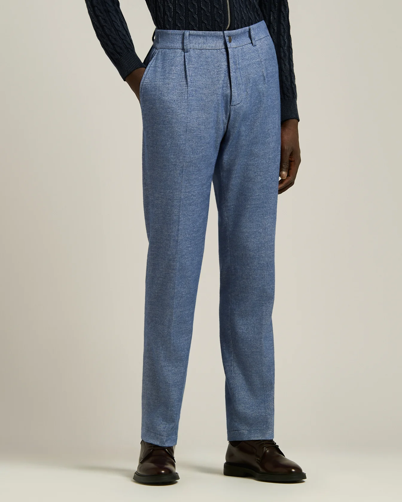 PLEATED COTTON TROUSERS IN BLUE MELANGE - Image 2
