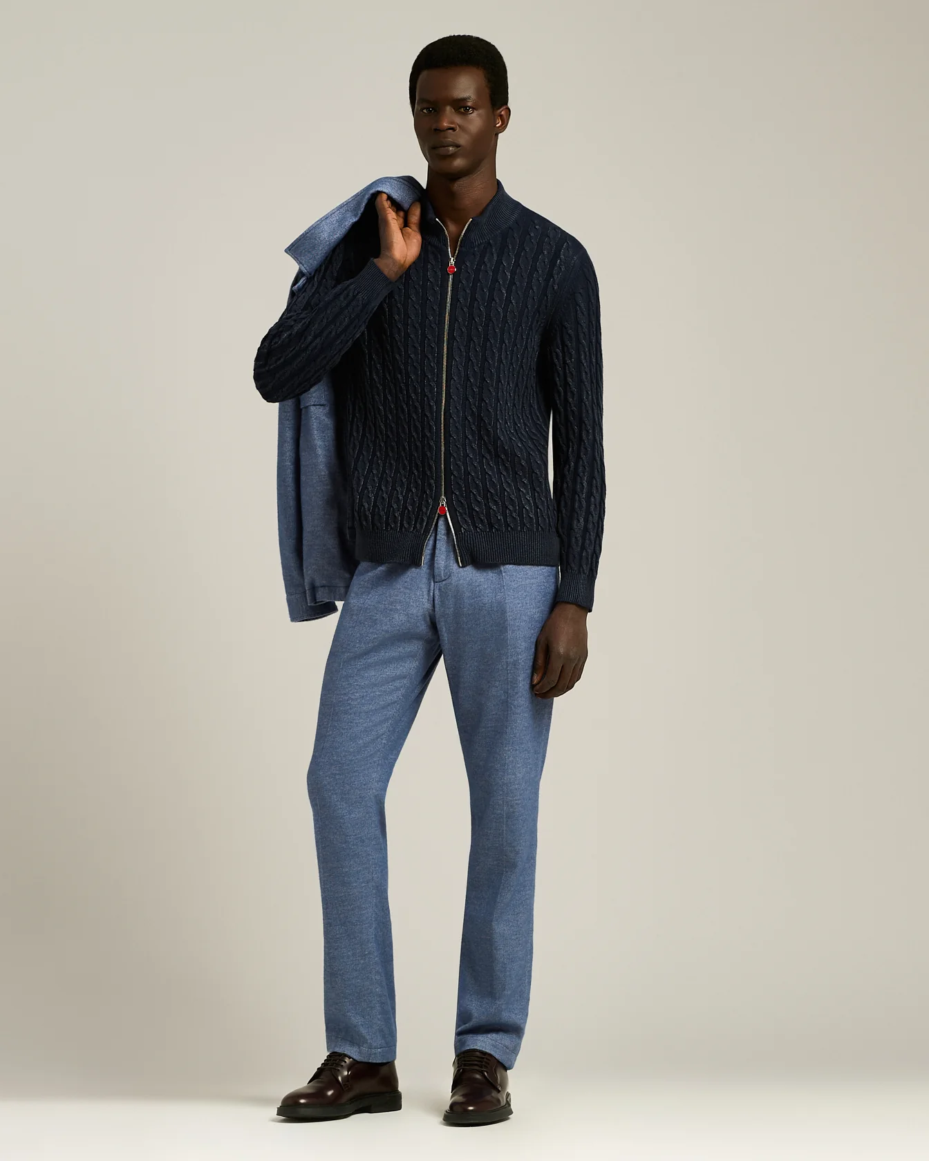 PLEATED COTTON TROUSERS IN BLUE MELANGE - Image 5