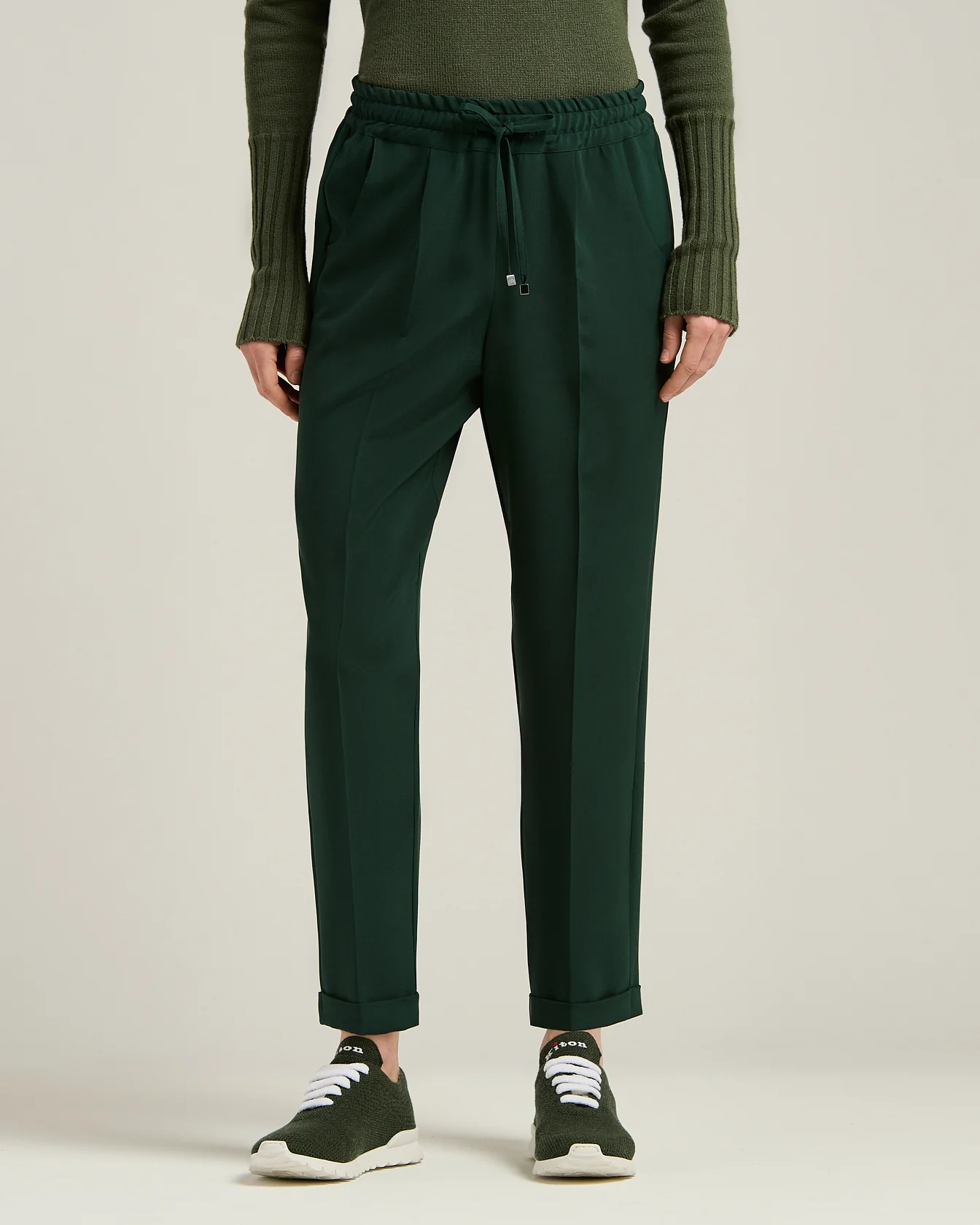 TROUSERS IN SILK GREEN WITH ELASTICATED WAIST AND WIDE LEG - Image 2