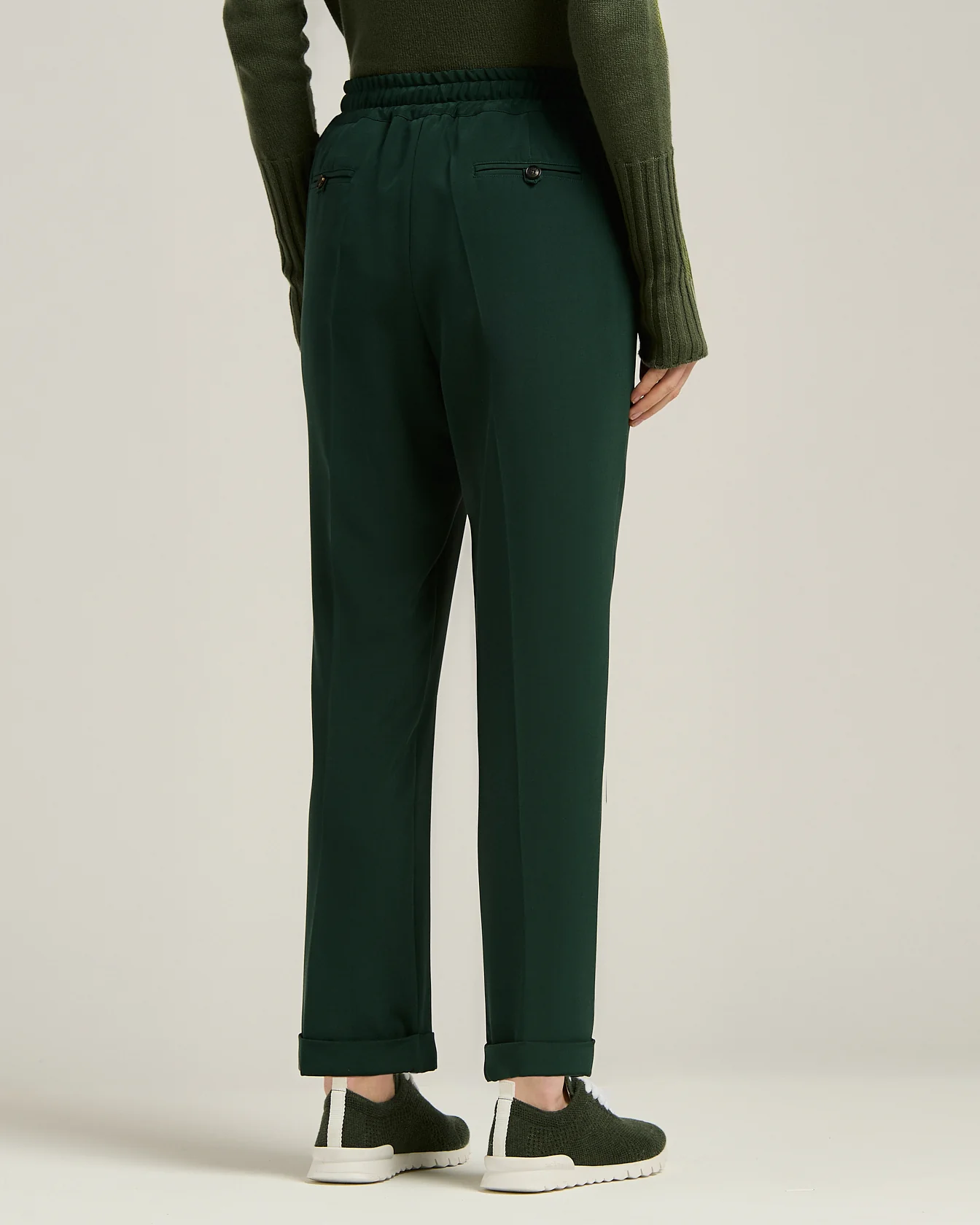 TROUSERS IN SILK GREEN WITH ELASTICATED WAIST AND WIDE LEG - Image 3