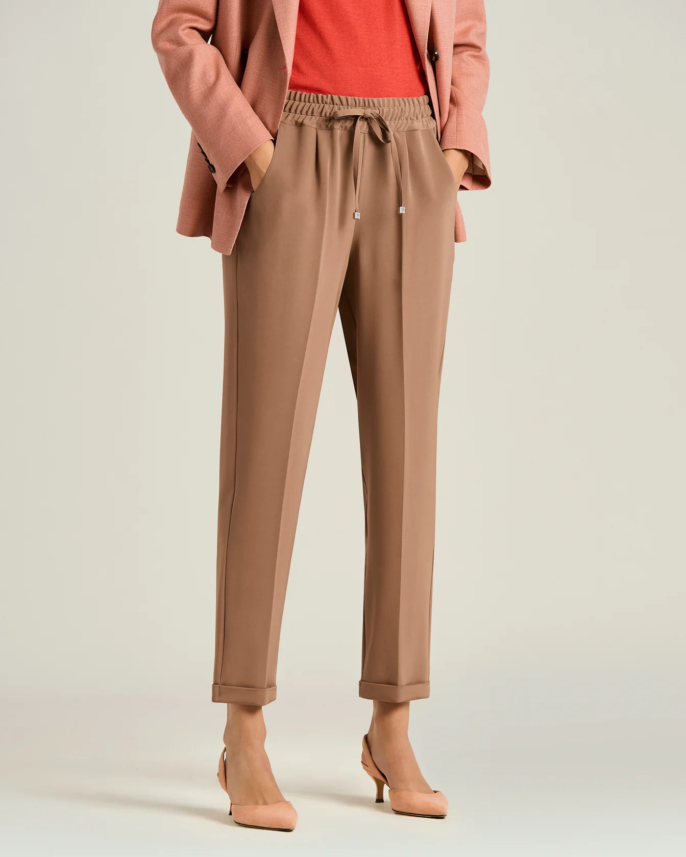 BROWN SILK TROUSERS WITH ELASTICATED WAIST - Image 2