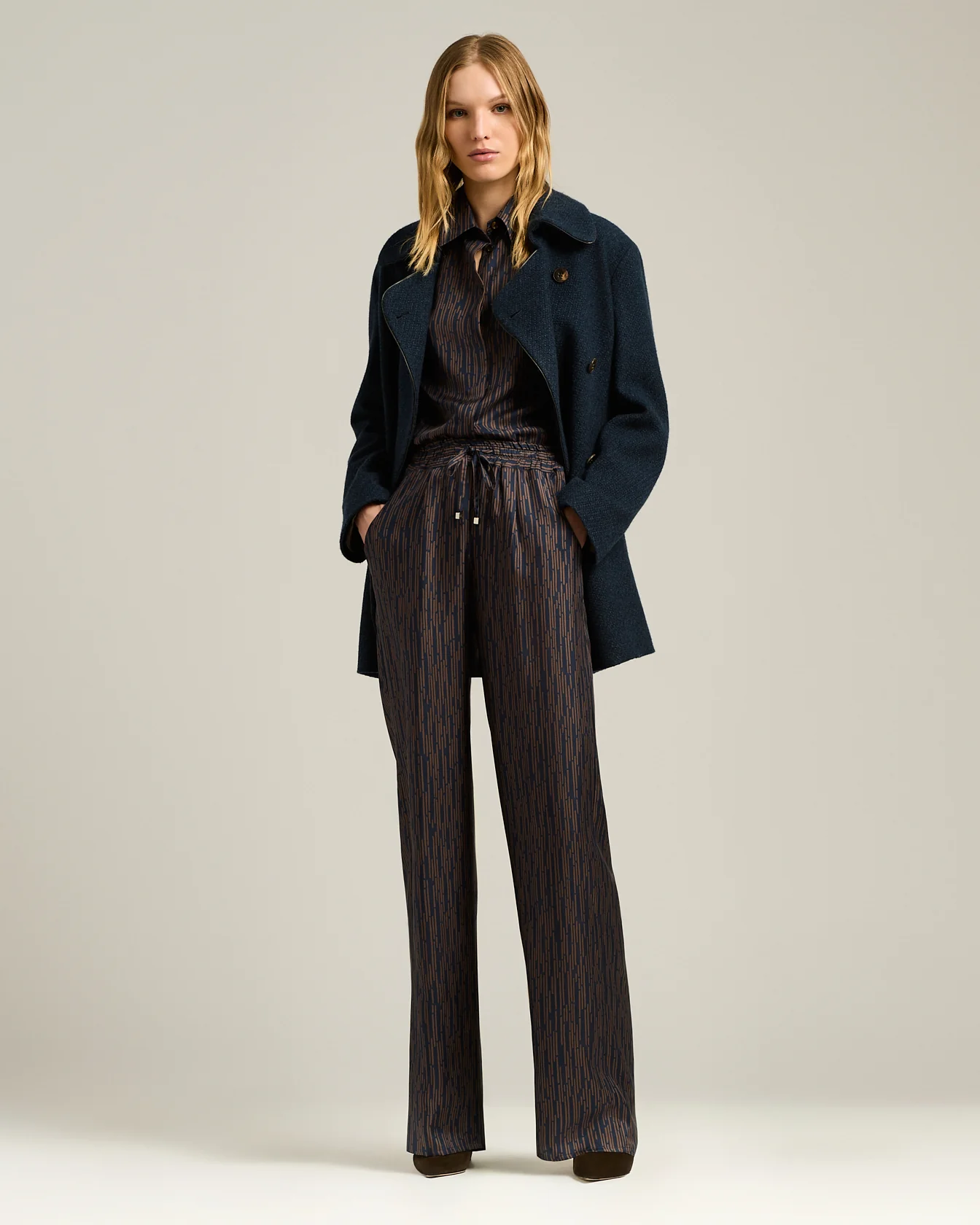 BLUE AND BROWN PRINTED SILK PALAZZO TROUSERS - Image 5