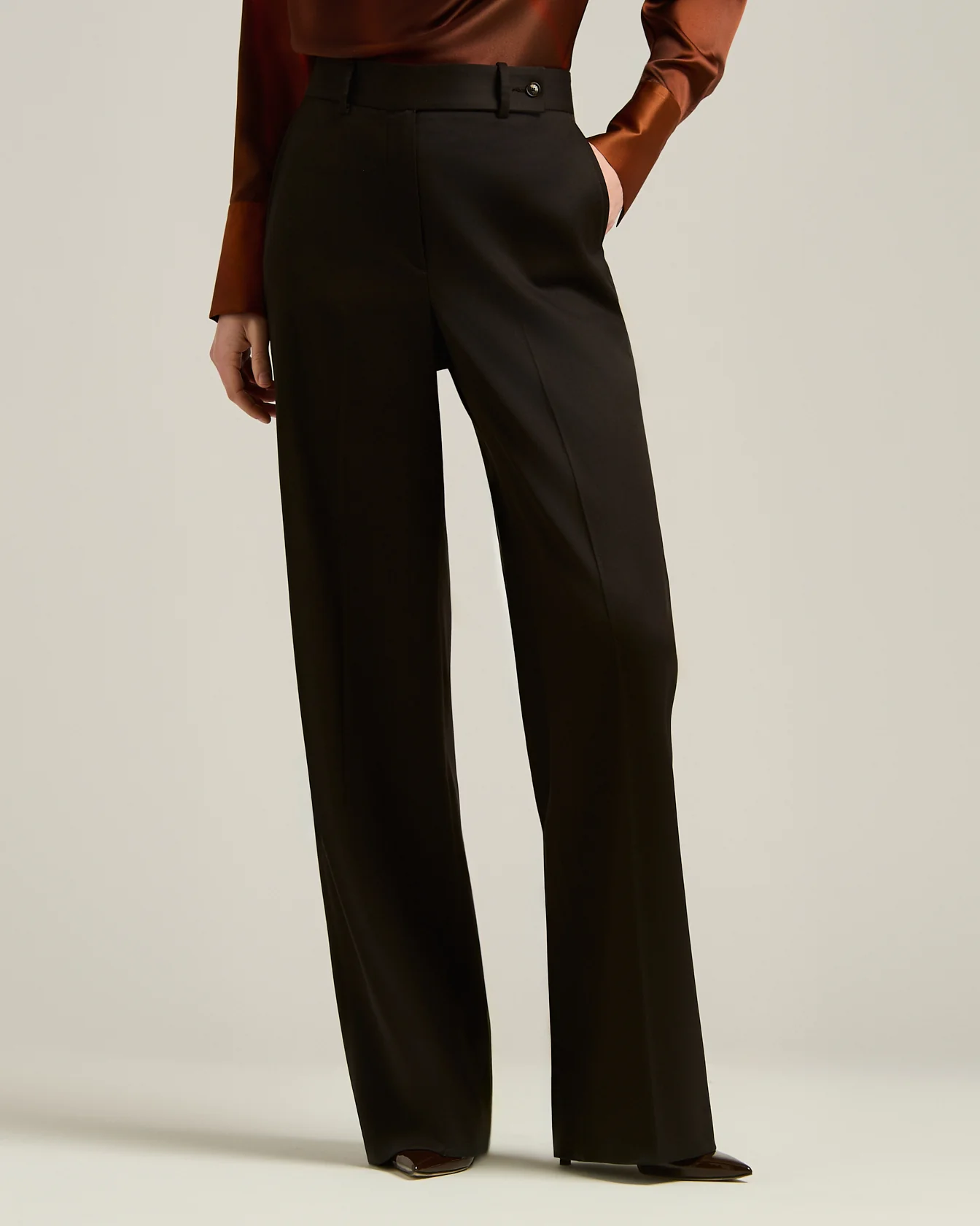 HIGH-WAIST PALAZZO TROUSERS IN STRETCH VIRGIN WOOL DARK BROWN - Image 2