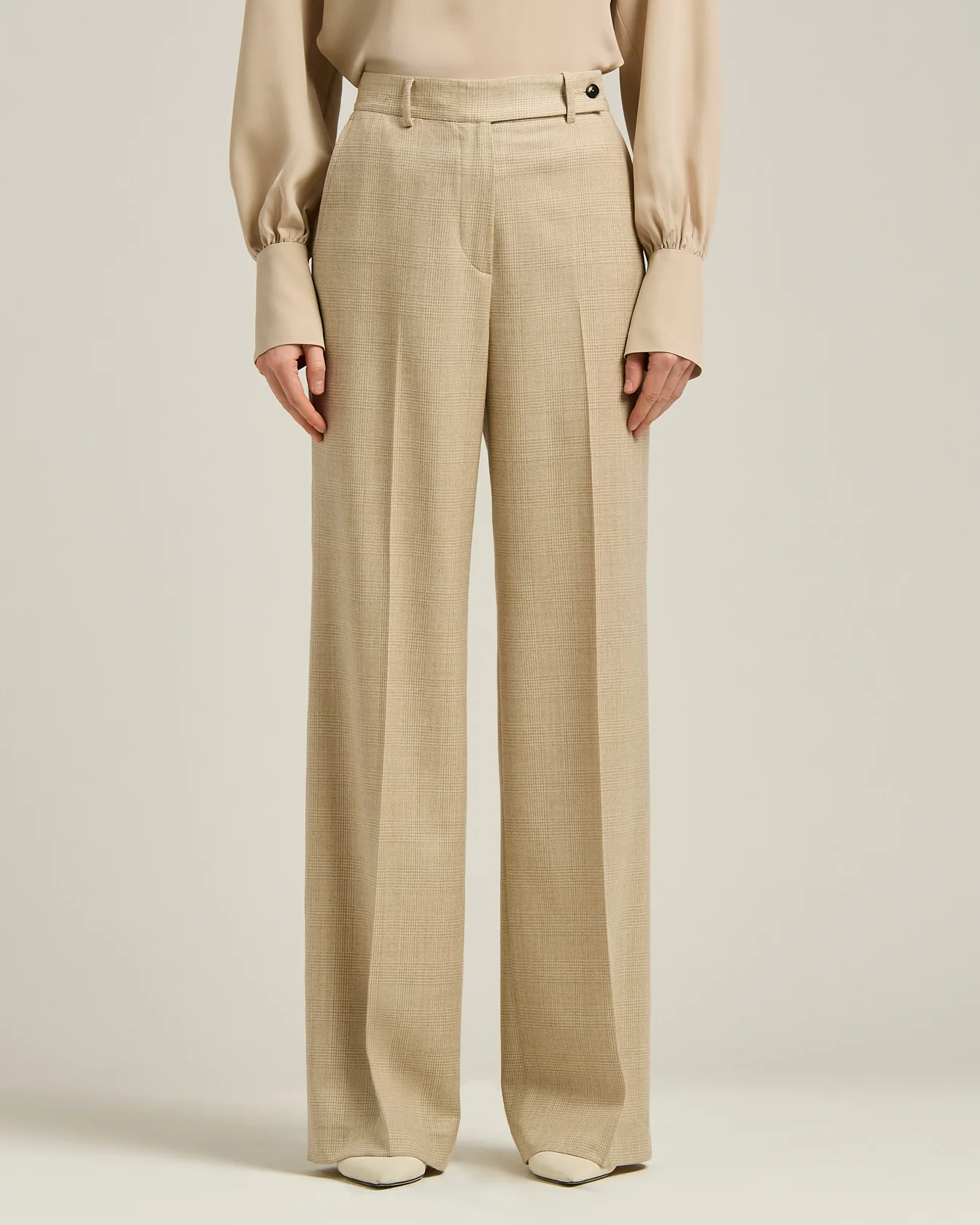 HIGH-WAIST PALAZZO TROUSERS PRINCE OF WALES IN WOOL BLEND BEIGE - Image 2