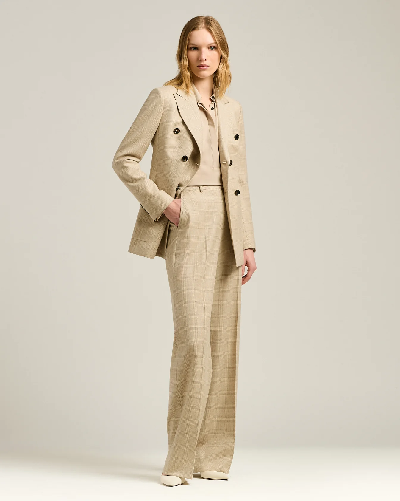 HIGH-WAIST PALAZZO TROUSERS PRINCE OF WALES IN WOOL BLEND BEIGE - Image 5