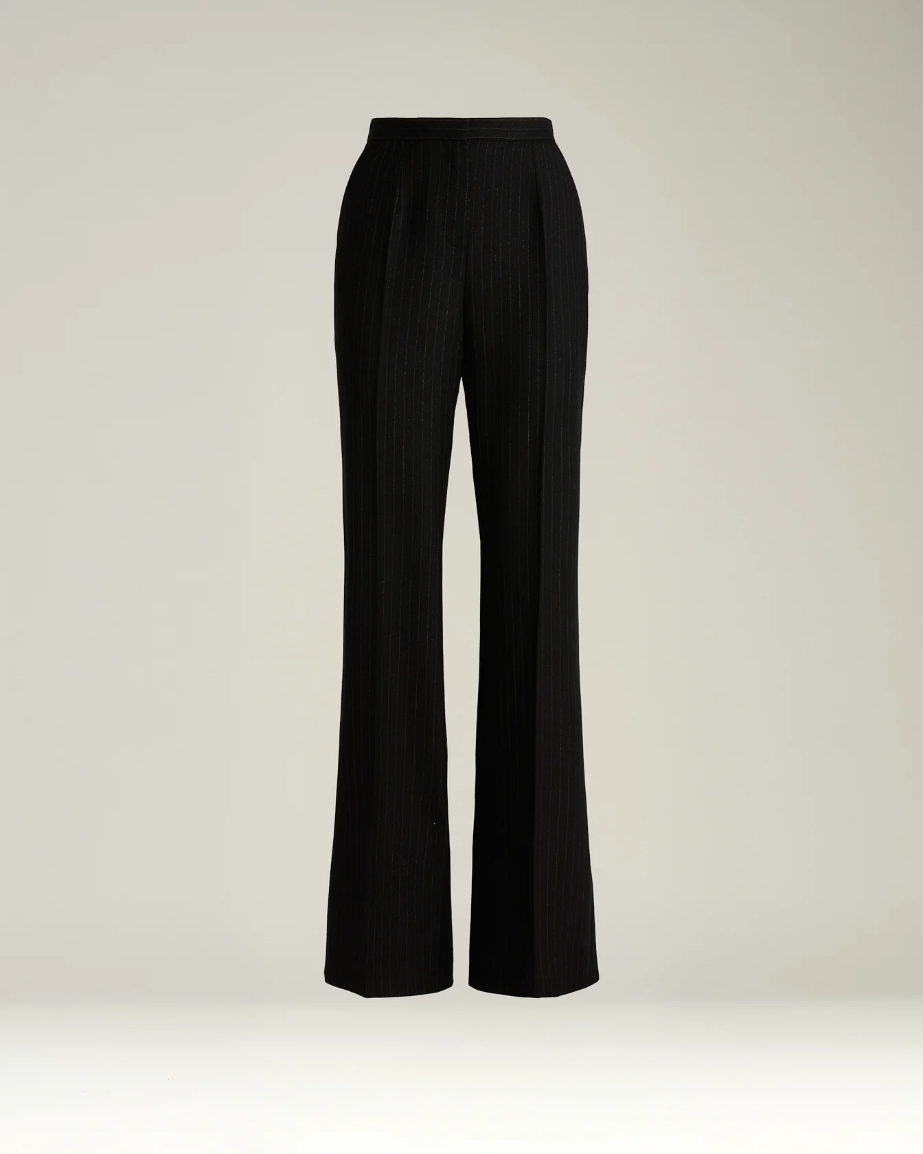 BLACK WIDE-LEG PINSTRIPE WORSTED WOOL TROUSERS