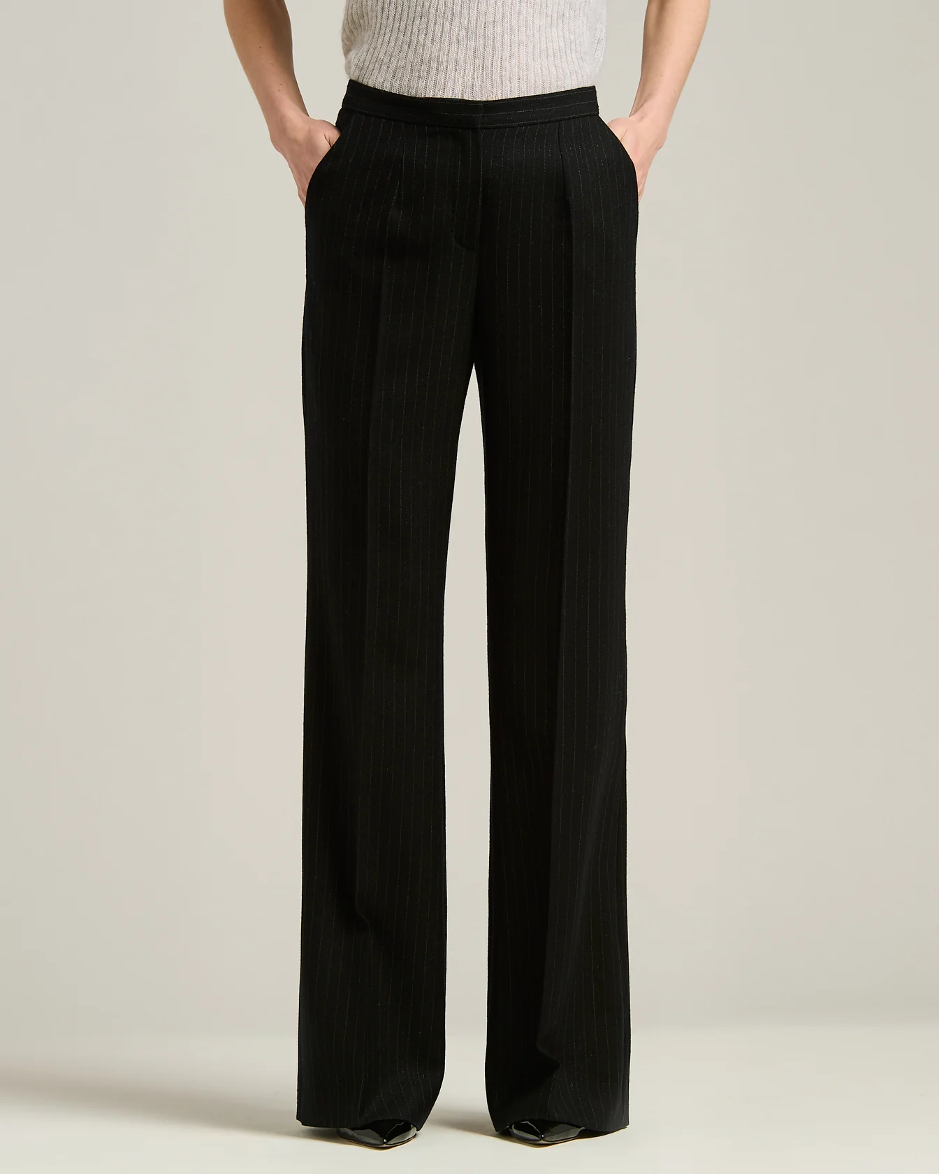 BLACK WIDE-LEG PINSTRIPE WORSTED WOOL TROUSERS - Image 2