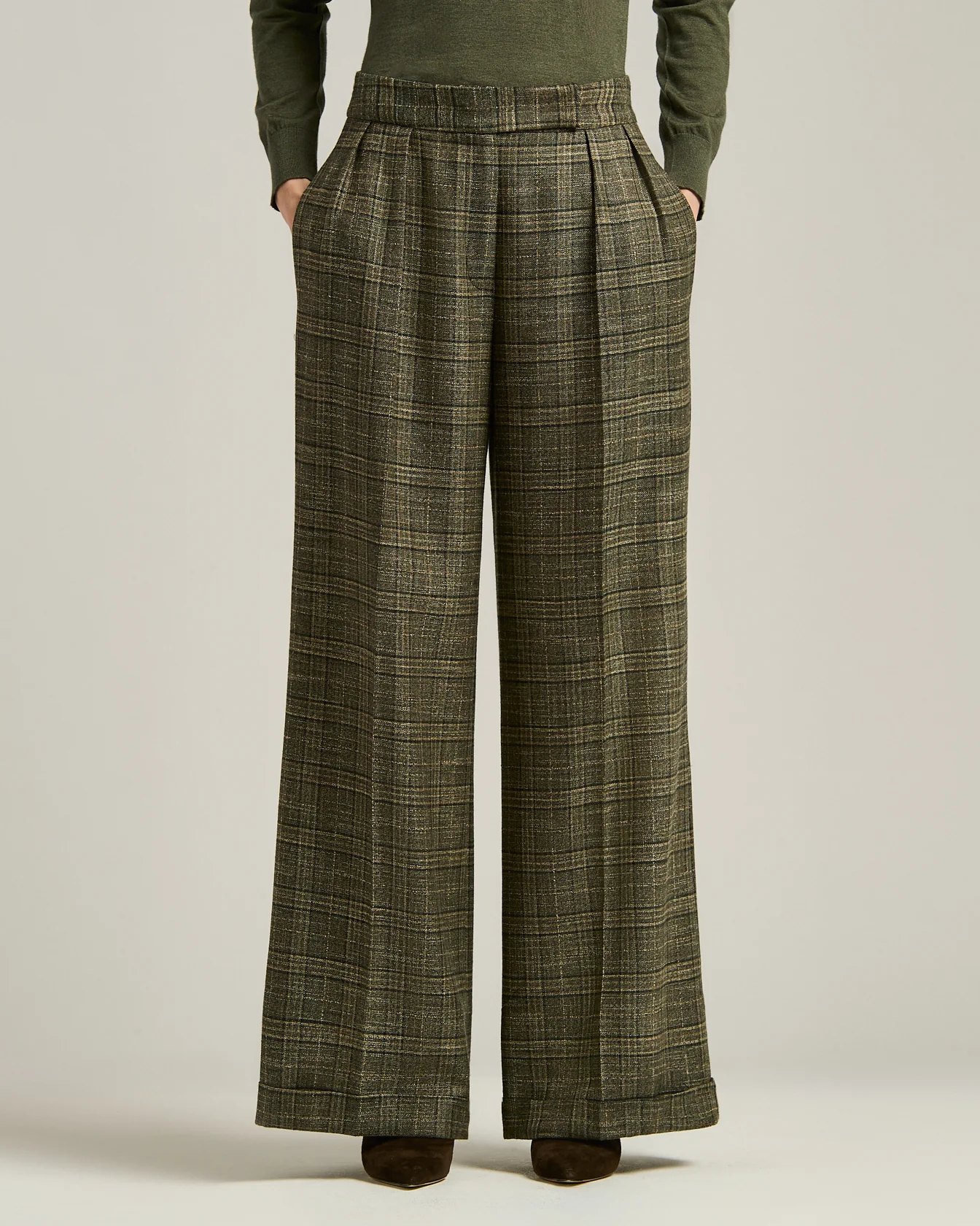 PALAZZO TROUSERS IN PURE VISCOSE GREEN CHECKED - Image 2