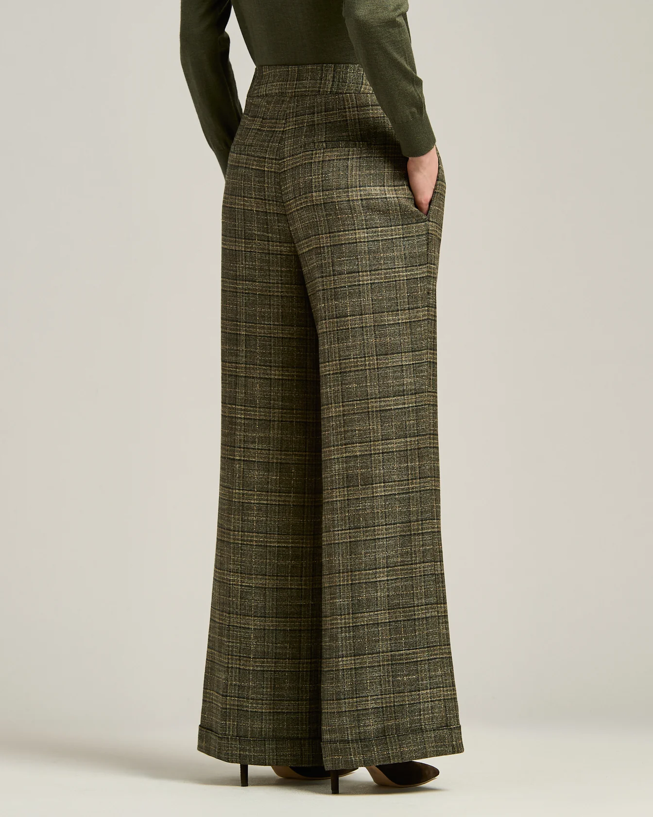 PALAZZO TROUSERS IN PURE VISCOSE GREEN CHECKED - Image 3
