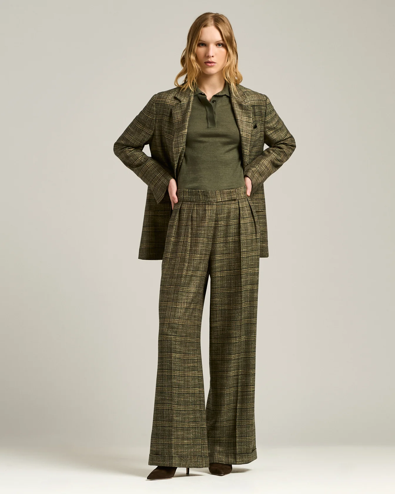 PALAZZO TROUSERS IN PURE VISCOSE GREEN CHECKED - Image 5