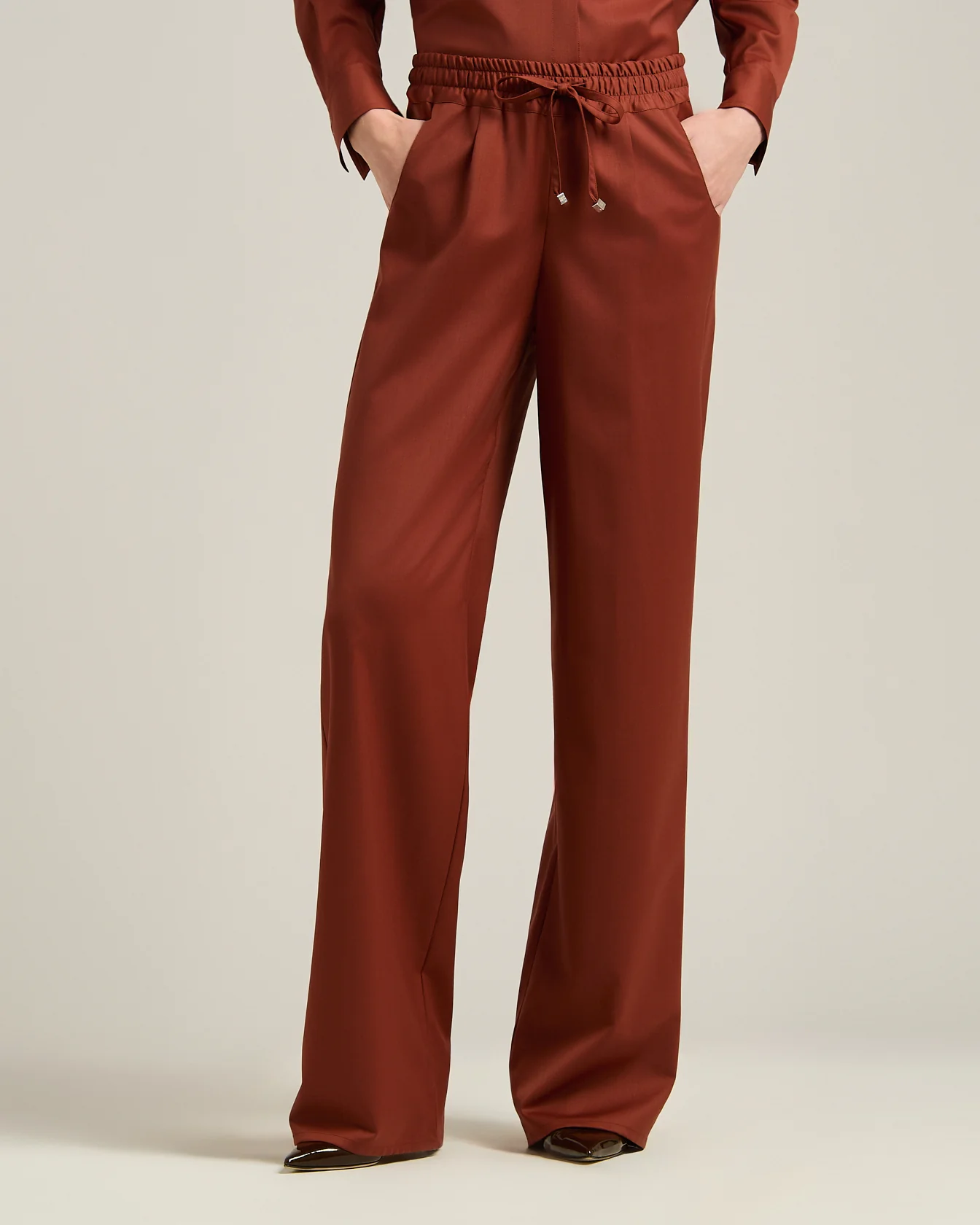 TERRACOTTA WOOL PALAZZO TROUSERS WITH ELASTIC WAIST - Image 2