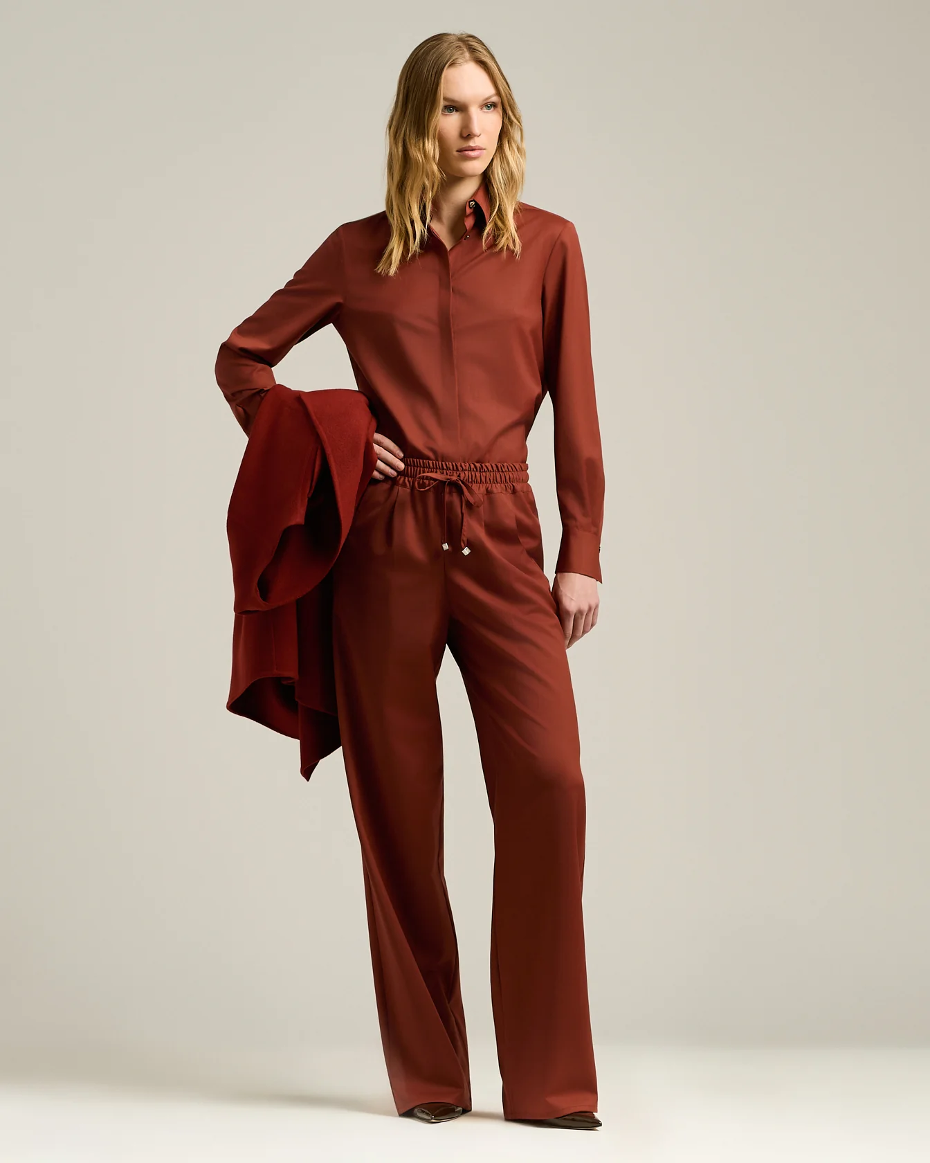 TERRACOTTA WOOL PALAZZO TROUSERS WITH ELASTIC WAIST - Image 5