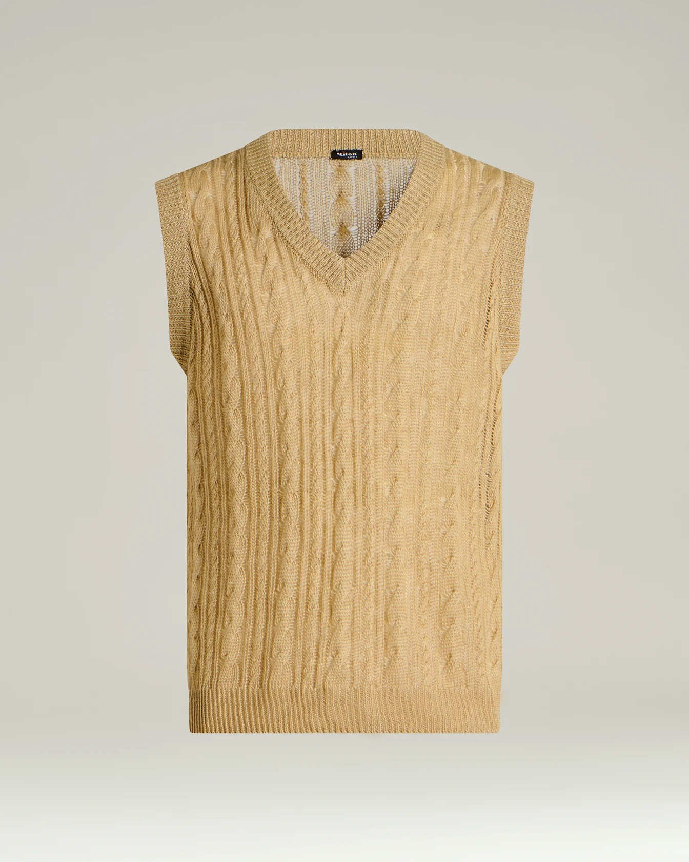 PURE LINEN CABLE KNIT V-NECK SWEATER IN BEIGE